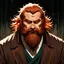 Placeholder: dnd, fantasy, watercolour, stylistic, portrait, illustration, dull colours, male, dwarf, face, bearded, long brows, frugal, weathered face, green eyes, determined, happy, red hair, very long hair streaming down the shoulders, radiating light, five o'clock shadow, softer facial features, dignified