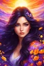 Placeholder: Masterpiece, best quality, digital painting style, adorable digital painting, beautiful fantasy art, colorful. Her dark hair cascades, and her kind eyes seem like gentle winds blowing. With awe, she gazes at the vibrant hues of the sunset - a kaleidoscope of orange, purple, and yellow. Enveloped in the embrace of spring's gentle spell, her heart awakens to the beauty that dwells around her. The world is so colorful, ablaze with life's zest, and she becomes part of nature's eternal quest.