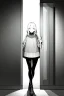 Placeholder: girl is standing outside a door, wide angle view, greyscale