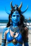 Placeholder: A photo of a blue skin Hindu goddess with painted blue face and body skin, wavy black hair deer antler horns, standing on a sunny beach