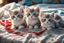 Placeholder: Hand sewn and embroidered extremely cute kittens, threads, sewing needles and a pair of scissors on a table on lace blanket in a luxury bedroom, centre, bold colours elegant fantasy 8k beautiful dynamic lighting award winning imperial colors hyperrealistic ultra detailed 4K 3D high definition crisp quality colourful hdr in sunshine