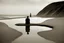 Placeholder: gilbert garcin style photograph, a person is sitting by a seashore with billows, feet in the water, ooking into a mirror, but there is no person in the mirror just an empty landscape