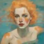 Placeholder: Egon schiele painting of a blond grunge woman, with freckles, she looks like jayne mansfield, , in the swimming pool, orange, pink, turquoise, yellow colors