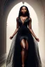 Placeholder: A portrait of a beautiful curvaceous black woman with long straight curly black hair, wearing a black lace dress with a deep v neck, sorceress, magical, ethereal, intricate, sharp lighting, misty. Painting, high quality, Ultra quality 8k.