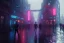 Placeholder: 3D, beautiful, light reflecting, empty future city at night, rainy night, neon, cyberpunk, tron, one cyborg walking, 8k, finely detailed, photo realistic