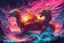 Placeholder: Dragon in a vibrant synthwave dreamscape, neon chaos swirling energetically around pixelated forms, a dynamic fusion of retro gaming nostalgia and futuristic abstraction