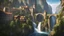 Placeholder: a steep, narrow, 3.000 feet tall ravine. a multiple waterfall falling into the middle of a medieval european city. The city is at the bottom of the ravine. a masterpiece, fantasy concept art, dynamic lighting, hyperdetailed, intricately detailed, deep color, Unreal Engine, volumetric lighting, Epic cinematic brilliant stunning intricate meticulously detailed dramatic atmospheric maximalist digital matte painting