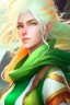 Placeholder: fantasy setting, woman ranger traveler with orange and white hair, pastel green eyes, kind, soft facial traits