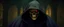 Placeholder: a man with a light yellow skull face, glowing red eyes, wearing a dark purple cape and a hood, standing in dark crypt at night, gloomy, horror, obscure presence, realistic, aesthetic, dream like