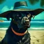 Placeholder: perro negro con lentes de sol y gorra bien canchero en una playa del caribe como caricaturan una playa del caribe al estilo de pintura Da vinci