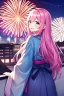 Placeholder: girl, masterpiece, best quality, cinematic lighting, detailed outfit, vibrant colors, perfect eyes, long hair, pink hair, blue eyes, kimono, fireworks, laughing, town, looking back,