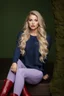 Placeholder: beautiful 18 year old girl with ash blonde hair and blue eyes with her curvy hair down, wearing a long-sleeved woollen top, and lilac long leggings, with long red boots full body shot