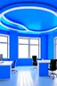 Placeholder: The office desks room is hung on the walls in an oval shape, the color of the walls is blue, the floor is white, and the shape of the offices is curved