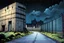 Placeholder: comic book style zombie apocalypse fortified bunker building. Tall walls with military watchtowers, barbed wire fences. Large armored heavy metal doors. Post apocalyptic city setting. Road leading up to it. Night, rain