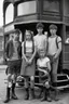 Placeholder: A group of three teenagers - two boys and one girl. Photo taken in front of a historic tramway in Slupsk. Girl ha torn T-shirt, short red skirt, heavy boots, dynamic poses, 135 mm lens, classic Ilford film, highly detailed skin,