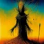 Placeholder: scarecrow revisionist history, lovecraftian reanimated straw gods in the gaps of reality, horror surrealism, by Dave McKean and Arthur Secunda and Zdzislaw Beksinski, mind-bending pen illustration; warm colors, diagonal composition, arcane rune-like vertical textures, dark shines war, complex contrast