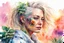 Placeholder: white background, cyberpunk, watercolor, Woman 48 years old, blonde, portrait painting, acrylic, summer sunset, plant hair, flower clothes, double exposure, fine rendering, high detail, high resolution, 8K