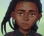 Placeholder: Portrait of a dark skinned 9 year old witch toddler with braided black hair by Jim Kay