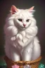 Placeholder: An extremely cute adorable fluffy plushy white smiling cat holding a basket of jewels and gems. His fur is realistic. The background is a romantic carpet bokeh digital painting extremely detailed studio lighting crisp quality and light reflections 8k cinematic lighting portrait photorealistic ultra detailed cinematic postprocessing focused