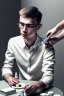 Placeholder: A young man sitting on a chair giving himself an injection, medicines and drugs on the table next to him, 8k, finely detailed, photo realistic.