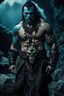 Placeholder: portrait of an orc king with pale skin. scar running across one eye. Tribal Tattoos Dark hair and ice blue eyes. His look is sad. Half of his head is shaved. wearing jewellery. High resolution. 4K. 8K. Dark Fantasy style. Cave in the background