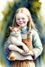 Placeholder: A cute smiling scandinavian girl is holding a cat. Watercolour