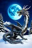 Placeholder: a weird beautiful metallic dragon sculpture sitting on the snow. The dragon sculpture looking the full moon on the dark sky. the high artistic nature of the animal sculpture and the serene atmosphere of the snow and high winter mountains setting. stunning, high detailed