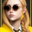 Placeholder: Girl with long wavy brown blond hair, yellow hawk eyes. Wears Hogwarts Hufflepuff uniform and sunglasses with a yellow clip.