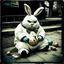 Placeholder: Dramatic vintage polaroid picture, white obese crepey mottled skin frightening Lovecraftian anthropomorphic Easter Bunny creature sitting on sidewalk with his knuckles on his chin looking dejected and frustrated, cracked egg on street yolk leaking out, sinister whimsey, oddball masterpiece, sfumato, dark humor, complex contrast, dynamic composition,