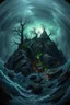 Placeholder: in the style of Fisheye lens. detailed close-up concept art of a Lovecraftian horror, chthon island featuring a decaying a submay Focus on gnarled trees around rocky cliffs, with the a deep cracks and glowing substance oozing from them. Include hints of nightmarish creatures beneath turbulent waters. The stormy sky casts an eerie and green glow, with shipwreck debris and ancient ruins scattered on the shore to emphasize the sense of dread and abandonment