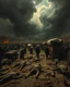 Placeholder: Bosch painting style, nightmare , a lot of people on the ground dead scared because of the The Black Death was a bubonic plague pandemic dead bodies are carried by wagons dramatic, great quality picture with cinematic scenes , heavy clouds in the background