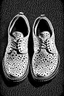 Placeholder: The footprints of two shoes. The tread pattern is white and made entirely from the shapes of ghosts in the style of Salvador Dali’s “the face of war”. Use no more than 4 colours.