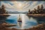 Placeholder: an encaustic painting depicting a landscape of a lake and a single sailboat sailing on it. Add an island and details to create an example of beautiful artistic work. Modifiers: highly detailed masterpiece photorealistic dynamic lighting fantastic view metchley wet oil and wax