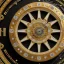 Placeholder: large crystal ornate round clock with a transparent body, wood and black and gold, transparent, rococo, Artstation, intricate and meticulously detailed 8 k, ornate and jewels, bokeh background