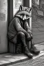 Placeholder: One single mature homeless fox with worn out clothes, sitting in a corner on the street, guitar standing on the left side, Vienna, mourning, model style, hyper realistic, extremely accurate, delicate, extremely detailed, Graphic novel style, wide-angle, open aperture, superfine pencil