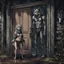 Placeholder: fantasy digital art of young female anthro wolf in gray hairy wolf body and wears just a short canvas rag around her waist , sadly crying face stands in the rain front the door, behind her an tall anthro dark hairy wolf man standing behind in rustic halb open door in an massive wooden house, deep colors, rainy day, detailed, anthropomorphic creatures, fantasy, sci-fi mood