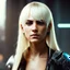 Placeholder: Photorealistic headshot of a beautiful fierce blonde assassin cyberpunk dynamic pose