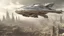 Placeholder: a photorealistic sleek silver spaceship flying over a ruined city