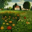 Placeholder: A green field filled with giant flowers painted by Henri Rousseau , a house in the background