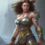 Placeholder: cinematic, majestic female barbarian, bodybuilder woman, bokeh, castle fortress, by thomas kinkade mark keathley terry redlin