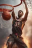 Placeholder: 8k, highly realistic and detailed image of a NBA basketball player in action dunking the ball in the net, sweaty hair, screaming look,action and smoke and flames background