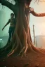 Placeholder: Cyberpunk theme, portrait of Oak tree roots holding man inside, misty sunny day, close-up portrait, symbios