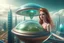 Placeholder: beautiful woman in flying saucer with clear dome top over future alien city