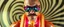 Placeholder: hot dog commercial caravan magic, blissfull genious, ultra chromatic, cyber jobe, flying yoga magic , lawn mover man movie character, portrait of upper body of cool transparent guy made with nano tape and with shades and mustache and bald head, saw blade beholder eye tyrant flating beholder kin with eyes on each saw blade tooth saying something profound, hypnotic zebra twirl background, with chrome reflections, like he is floating in a giger cartoon