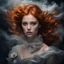 Placeholder: portrait a girl with ginger hair and flower on her forehead, in the style of eerie dreamscapes, flowing fabrics, romantic windblowing, swirling hair, Windy, swirling dark style Dark, misty, fantasy Dark, dark scene, eerie, macabre, black smoke, ultraclear image"