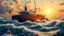 Placeholder: a big ship in oecieon in powerfull waves ,a beautiful sun set and dreamy clouds , young couple dancing on its deck and flowers flows from deck to water
