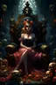 Placeholder: princess peach sitting on throne of skulls and roses, oil painting by award - winning visual novel cover artwork ( 1 9 2 4 ) featured in artstationhq. hd quality with mixed media : cinematic lighting shallow depth fieldinematic composition realistic photo studio photography jaunty Vigerman romanticism style moody colors dark contrast dreary atmosphere noir photorealistic detailed intricate details