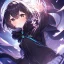 Placeholder: floating in air, backflip,{{anime}}, detailed beautiful short hair,{{fluffy hair}}, delicate and intricate hair, black loose raincoat with hood, purple and black eyes, blush, beautiful detailed eyes, {beautiful face}, cinematic light,{masterpiece}, beauiful illustration, offical art, upanime