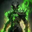 Placeholder: Demonio en armadura verde y negro, cubierto de fuego verde con fondo negro