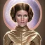 Placeholder: death star framedcomplete and photo realistic detailed head to waist stunning photo realistic portrait of young carrie fisher as Princess Leia in star wars with photo realistic hairstyle by Mandy Jurgens and mucha and Richard Schmid and chuck close and chie yoshii, extraordinary and detailed ceremony dress of star wars,brown eyes